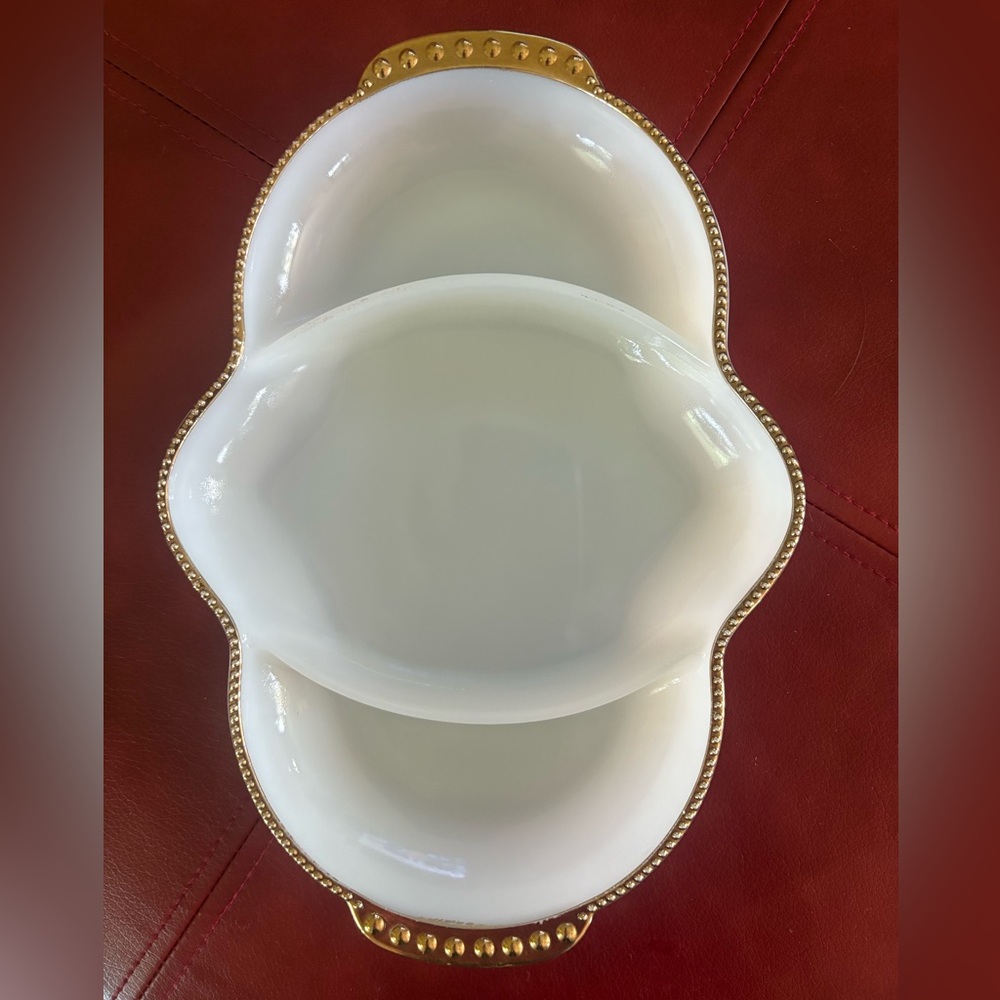 Anchor Hocking Fire-King Milk Glass Relish Tray w/gold bead trim